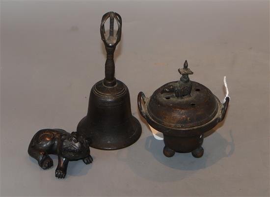 A Chinese Dog of Fo, a bell and a censer